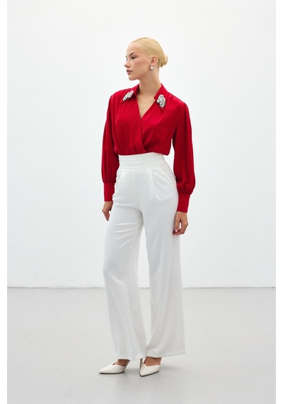 Sateen Aksesuar Detaylı Bodysuit Bluz - Kırmızı-136193 Kırmızı Sateen Aksesuar Detaylı Bodysuit Bluz - Kırmızı-136193 Kırmızı