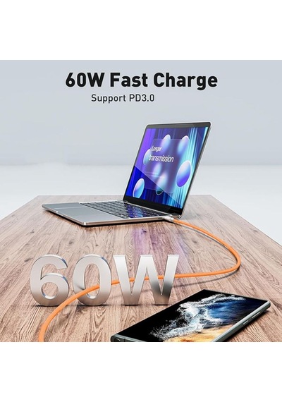Schitec 60w AppleiPhone Uyumlu Type-c To Type-c Örgülü Hızlı Data Ve Şarj Kablosu Ve Sim İğnesi Turuncu