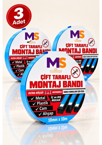 3 Adet Ultra Güçlü 10 Mm X 10 Mt Çift Taraflı Köpük Montaj Bandı Metal Plastik Cam Bantı Bantları