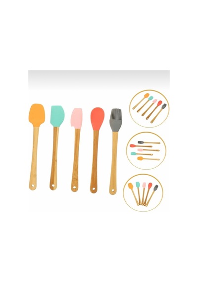 5 Li Renkli Bambu Saplı Silikon Küçük Boy Spatula Seti Kahverengi