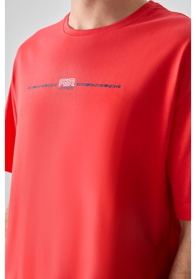 Air Jones Tommy Life Fiesta %100 Pamuk Kalın Yumuşak Dokulu Oversize Fit Baskılı Erkek T-shirt - 88357 Kirmizi