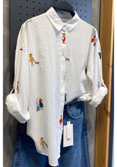 Femelle Kadın Beyaz Nakış Işlemeli Katlanır Kol %100 Pamuk Gömlek - 3334pts