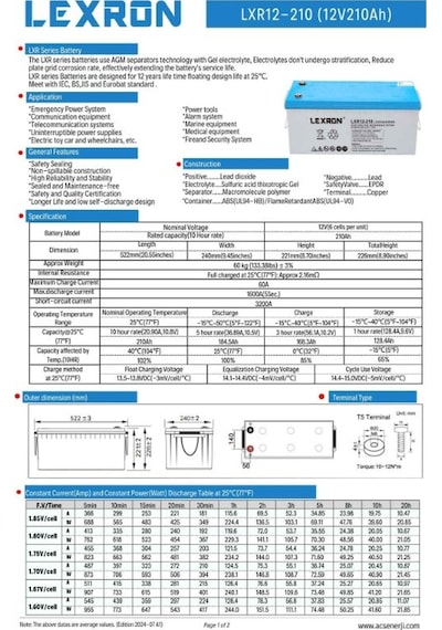 Lexron - İnges 12 Volt 210 Amper Jel Akü - 12v 210 Ah Derin Döngü Akü Güneş Enerji Sistemi Aküsü