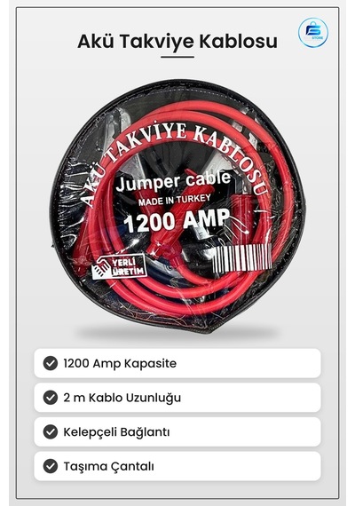 Akü Takviye Kablosu Amp 2 M Araç Bağlantı Kelepçeli Jumper Cable