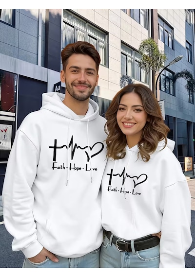 Nevermind Faith Hope Love Baskılı Hoodie Unisex Kapüşonlu Sweatshirt Çift Kombini 2'li Set Takım Beyaz