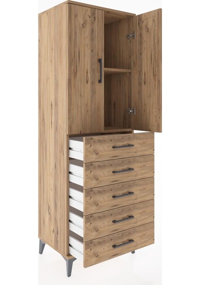 Hyperion Dolap 2 Raflı 5 Çekmeceli 2 Kapaklı 60x44x182 Çam-çam Çam