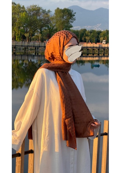Qalortex Scarf Premium Pamuklu Jakar Şal-kremit kiremit