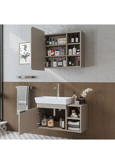 Likya Tek Kapaklı Lavabolu 82 Cm Banyo Alt Dolabı + Üst Dolabı, Lavabolu Mdflam Banyo Dolabı Takımı Kumtaşı Likya Tek Kapaklı Lavabolu 82 Cm Banyo Alt Dolabı + Üst Dolabı, Lavabolu Mdflam Banyo Dolabı Takımı Kumtaşı