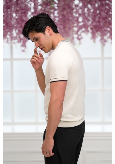 Advante Slimfit Kolları Lastikli Likralı Desenli Bisiklet Yaka Triko T-shirt Kemik