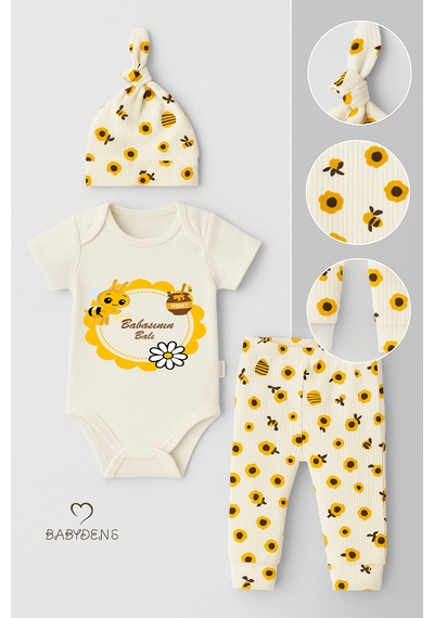 Babyden's Babasının Balı Yazılı 3lü Yenidoğan Takımı Arı Desenli Patikli Alt,bere,çıtçıtlı Kısa Kollu Body Ekru