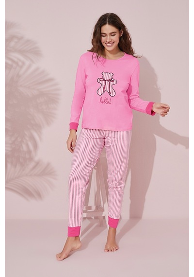Siyah İnci Pamuklu Örme Pijama Takım 24241071 Pembe