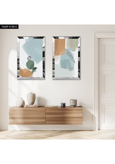 Gümüş Aynalı Pleksi Çerçeveli Renkli Modern Soyut Şekiller İkili Mdf Tablo Seti