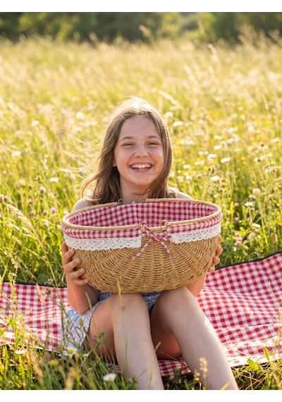 Piknik Sepeti Oval Hasır Detaylı 38 Cm Krem