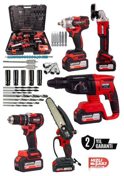 Kimmeer Plus KMP2026K5S Profesyonel 21V Matkap + Hilti +  Taşlama +  Somun Sıkma +  Testere 5'lı Set Kırmızı