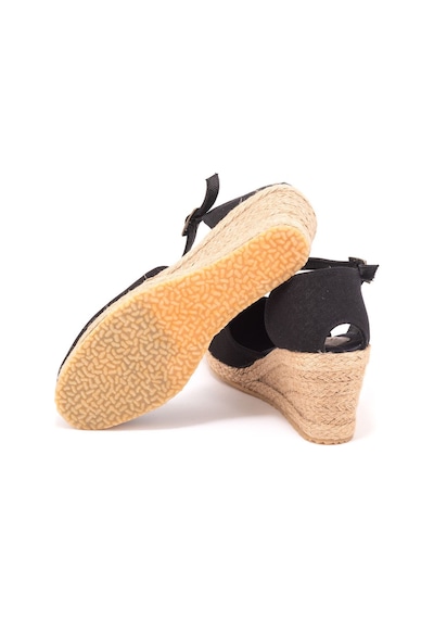 Gerçek Elişi Bilekten Bantlı Topuğu Açık Keten Espadril Dolgu Topuk Handmade Siyah