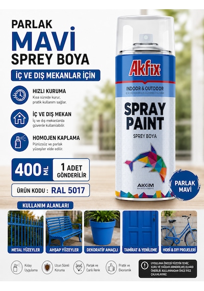 Akfix Sprey Boya Renk Seçiniz 400 Ml İç Ve Dış Cephede Kullanılabilir Mükemmel Kapatıcılık Parlak Mavi