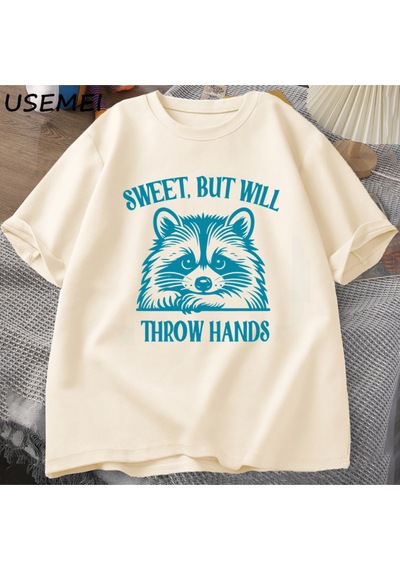 Flood Of Style Tatlı Ama El Atacak Baskılı T-shirt Erkek Kadın Komik Rakun Meme T Çöp Panda Tshirt Ya Haki