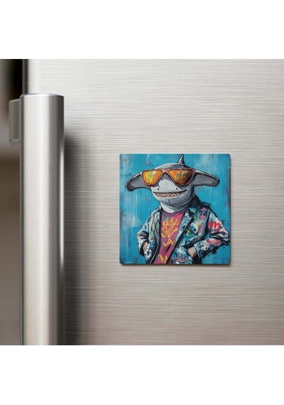 Hammerhead - Çekiç Kafalı Köpekbalığı - Güneş Gözlüklü Style - Buzdolap Magneti - 9x9 Cm