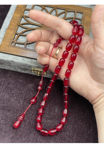 Sistemli Koyu Kırmızı Ateş Kehribar Tesbih 8x12 Mm