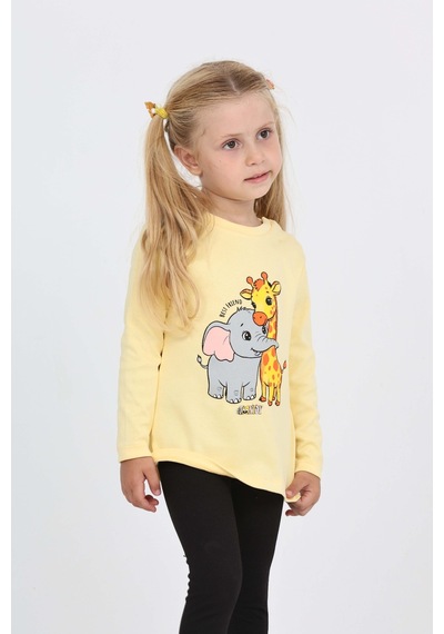 Toontoy Kız Çocuk Zürafa Fil Baskılı Sweatshirt Açık Sarı