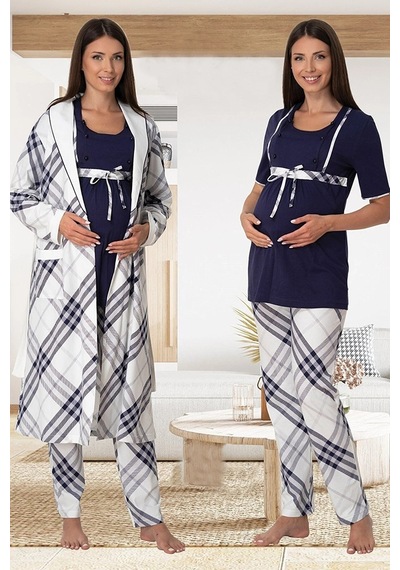 Effortt Dvina Lohusa Hamile Çizgili Sabahlıklı Ve Kısa Kollu Pijama Takımı -3'lü Set - Lacivert Lacivert Effortt Dvina Lohusa Hamile Çizgili Sabahlıklı Ve Kısa Kollu Pijama Takımı -3'lü Set - Lacivert Lacivert