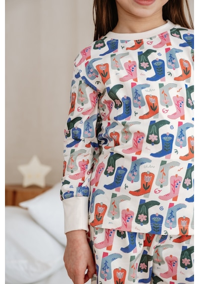 Kovboy Çizme Baskılı Color Shapes Çocuk Pijama Seti Krem