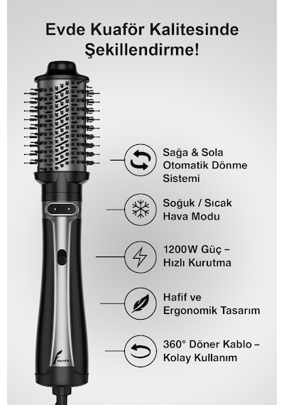 5 İ 1 Arada Otomatik Dönen Hava Üflemeli Saç Şekillendirici Ve Kurutma Seti - 1200w. Siyah