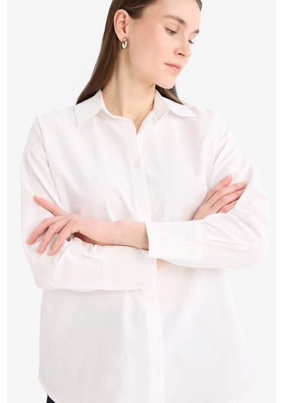 DeFacto Relax Fit Basic Düz Poplin Uzun Kollu Tesettür Gömlek Tunik E7977AX25SMWT34
