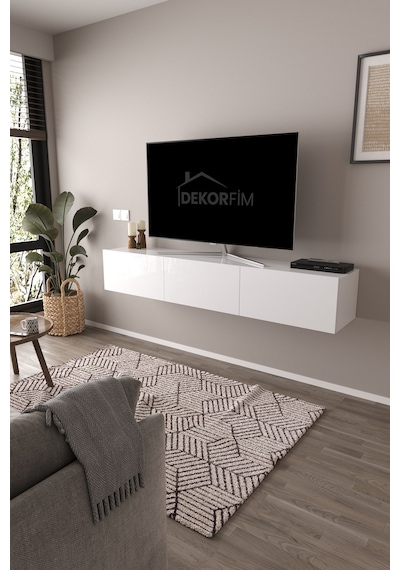 Df17103 Dolaplı Duvara Monte Tv Ünitesi 180 Cm Modern Askılı Dekoratif Stil Tv Sehpası Beyaz