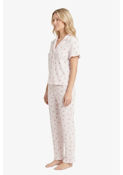 Cottonhill Beyaz Çiçek Desenli Bürümcük Gömlek Yaka Kadın Pijama Takımı