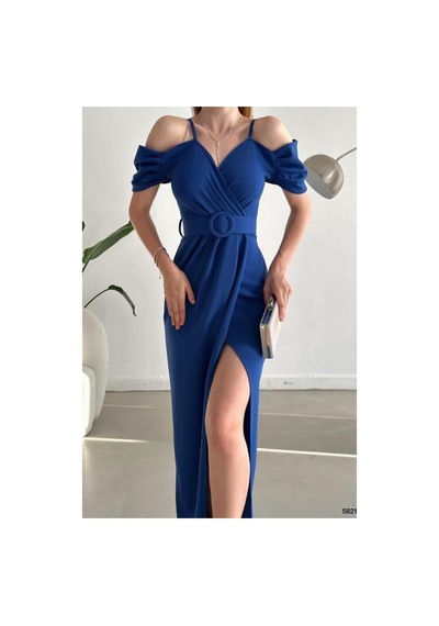 Lior Design Kadın Trend Krep Kumaş V Yaka Yırtmaçlı Abiye Elbise Saks