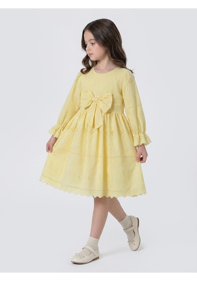 Pina Kids Kız Çocuk Uzun Kollu Önü Kurdelalı Fisto Elbise Sarı