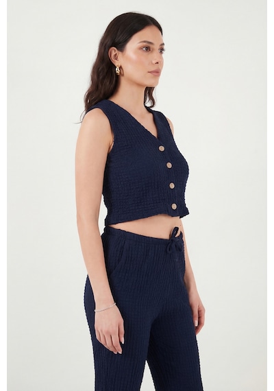 Lela Regular Fit V Yaka Yelek-pantolon Gofre Takım Bayan Takım 5866484 Lacivert