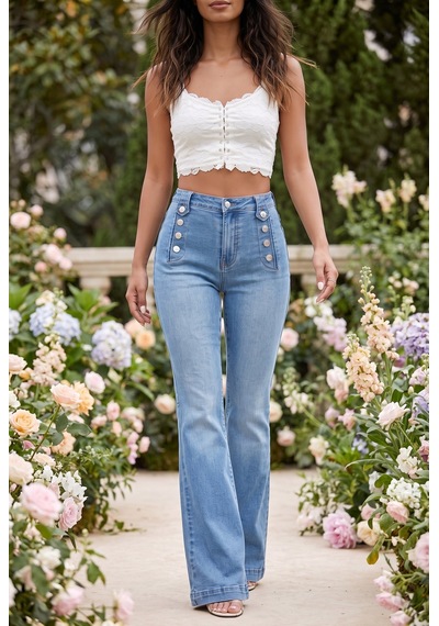 Soulshae Yüksek Bel Düğmeli Cepli Denim Pantolon Mavi