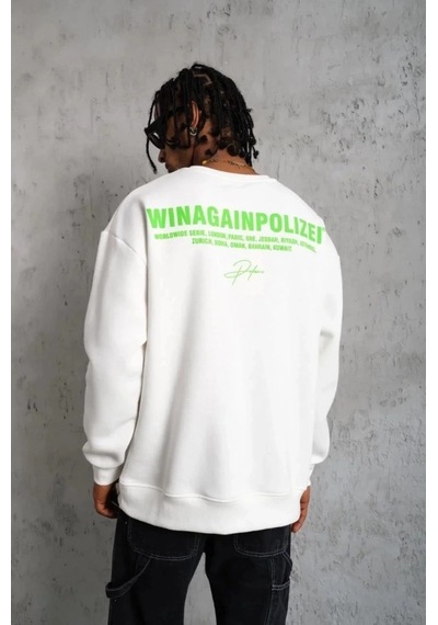 Defymoda Erkek Oversize Sweatshirt Beyaz Renk Ön Ve Sırt Baskılı, Üç İplik İçi Pamuklu Kumaş, Rahat Kalıp,