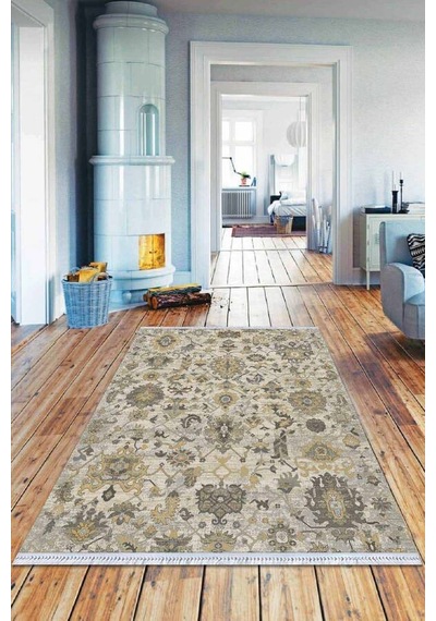 Bej Vintage Dokuma Pamuk Tabanlı Kaymaz Kilim Klm370n11