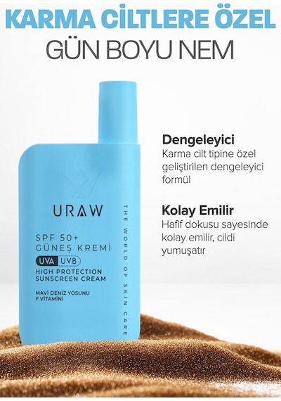 Uraw Deniz Yosunu Özlü Nemlendirici ve Ton Eşitleyici Güneş Kremi SPF50+ 50 ML