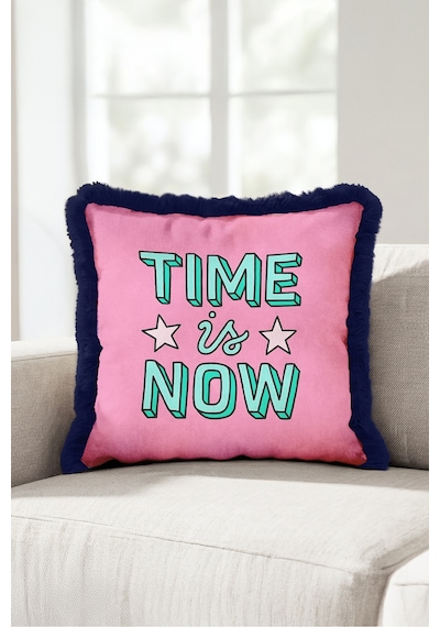Pop Art Yıldızlı Time İs Now Saçaklı Yastık Kılıfı - Enerjik Pembe Lacivert Püsküllü Kırlent Kılıfı Sakin Vadi Saten