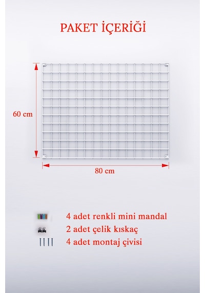 80x60 Tel Pano Metal Fotoğraf Askısı Beyaz 4 Mandal 2 Fotoğraf Kıskacı Hediyeli