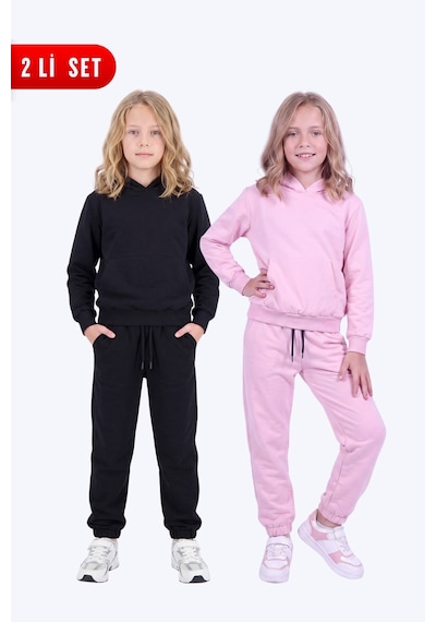 Fyk Kids 2'li Kız Çocuk Düz Kanguru Cepli Kapüşonlu 4 Parça Eşofman Takımı Siyah-pembe