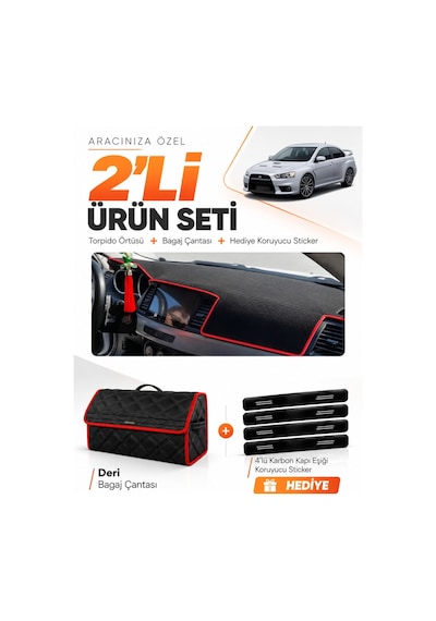 E-biz Mıtsubıshı Lancer 2007-2015 Uyumlu Torpido Örtüsü + Deri Çanta - Siyah-kırmızı - Mı014