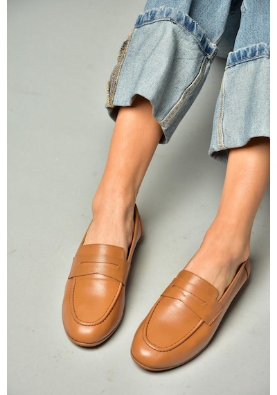 Fox Shoes S944007803 Taba Hakiki Deri Kadın Babet Taba