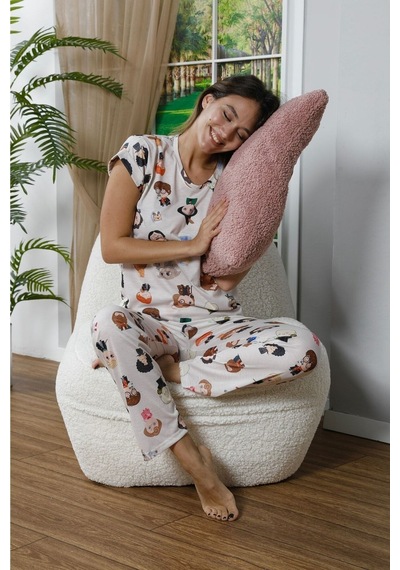 Mh Moony Homewears Magic World Kısa Kol Pamuklu Pijama Takımı Krem