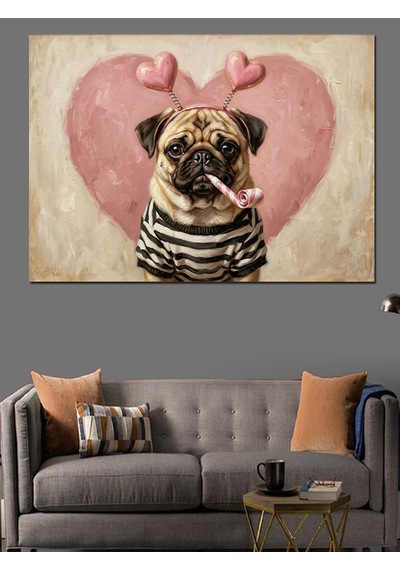 Kalp Balonlu Sevimli Pug Köpeği Dekoratif Kanvas - Mdf Ahşap Tablo