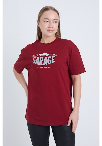 Kadın Oversize Baskılı T-shirt Bordo Garage Bordo