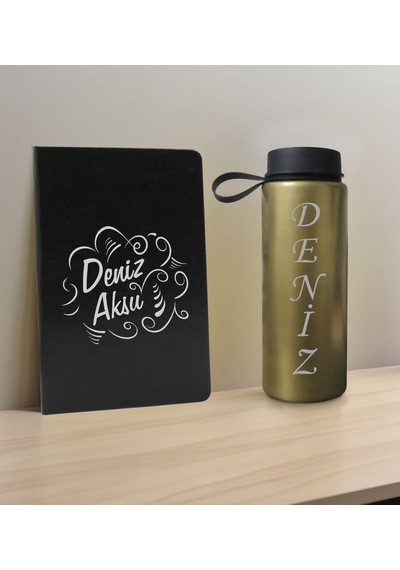 Bk Gift Kişiye Özel İsimli Siyah Defter Ve Gold Cam Matara Hediye Seti-4, Sevgiliye Hediye, Arkadaşa Hediye, Yeni İş Hediyesi