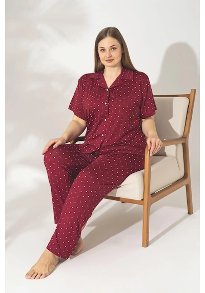 Pijamerry Büyük Beden Kısa Kol Milan Kumaş Pijama Takımı Bordo