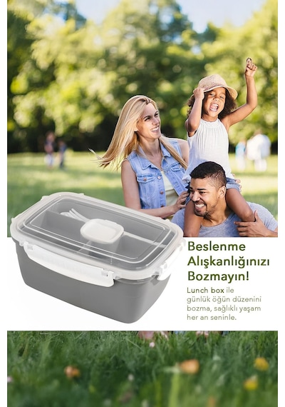 2 Katlı Kilitli Kapak Yemek Kabı - Bölmeli Lunch Box Diyet Beslenme Kutusu Sosluk Çatal Kaşık Gri
