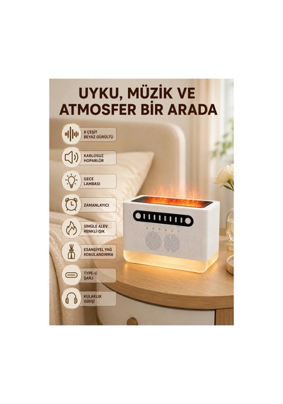 Simüle Alev Efektli Kablosuz Hoparlör Zamanlayıcılı Gece Lambası Standart Standart