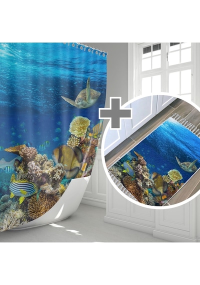 Zethome Aquarium Banyo Paspas ve Tek Kanat Duş Perdesi 1x180x200 Mavi